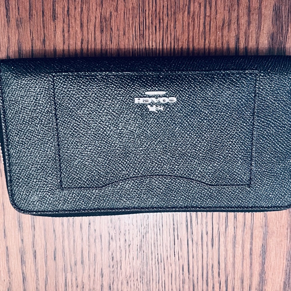 Coach Black Pebbled Leather Zip-Around Wallet with Silver Logo